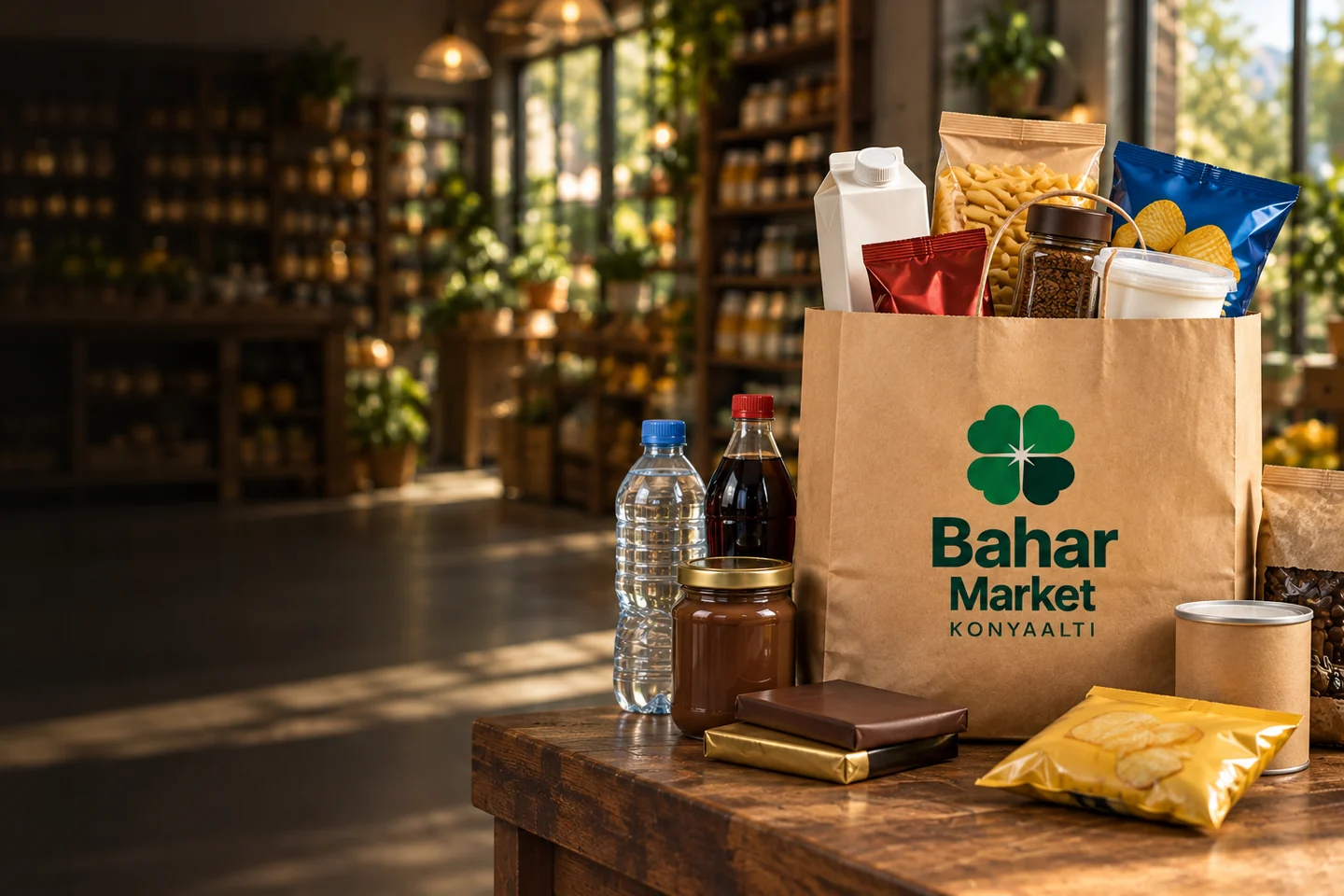 Bahar Market kraft çantasında süt, makarna, kahve ve atıştırmalıklar